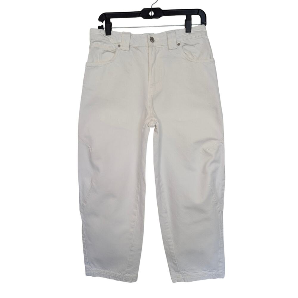 Zara Women Jeans, White Denim HIgh Rise Tapered Barrel Jeans, Sz 2/W29